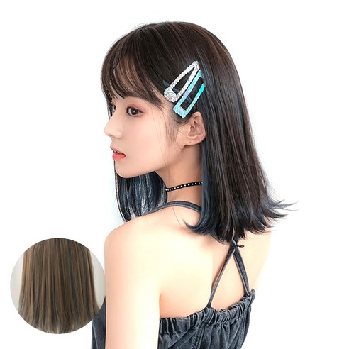 뿌이뿌이가발 여성 단발머리 웨이브 브라운 루나걸, 브라운 블루, 1개