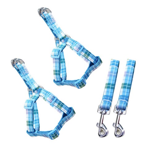 블럭마트 체크무늬 강아지 하네스 XS, 블루, 2개