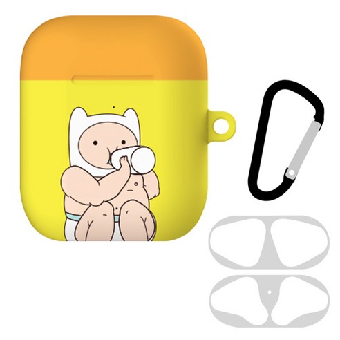 어드벤처타임 리틀보이 에어팟 1/2공용 하드 케이스 + 철가루방지스티커 + 카라비너, 단일상품, 레몬