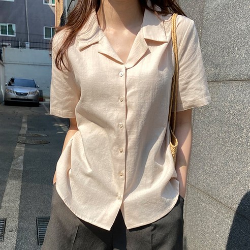 제이에이치스타일 타고나 린넨 워싱 오픈카라 반팔 블라우스