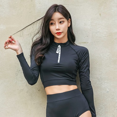 튜브트리 여성용 크롭탑 래쉬가드 상의 B6207, 블랙