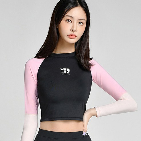 위크나인 여성용 위크래쉬 크롭 파스텔 래쉬가드 상의, BLACK + PINK