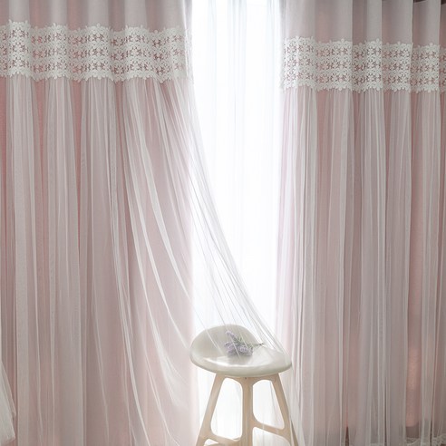 누보데코 블룸 이중자수 암막커튼 아일렛형 2p + 커튼끈 + 커튼끈 고리 세트, 핑크