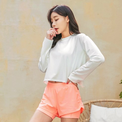 여성용 오버핏 루즈핏 뒷트임 비치웨어 래쉬가드 상의 + 하의 세트 BE6208WPP, 아이보리(상의), 피치(하의)