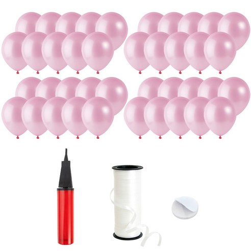 로켓풍선 30cm 200p + 손펌프 + 양면테이프 200p + 컬링리본 5mm x 90m, 펄 라이트핑크, 1세트