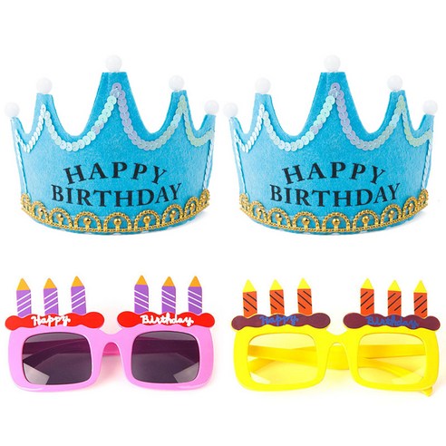 파티팡 LED 생일 왕관 블루 2p + 생일 촛불 안경 2종 세트, 핑크, 옐로우, 1세트