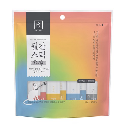 브리더랩 하루에 하나씩 월간스틱 파티 고양이 간식 11g 4종 x 10p 세트, 연어+참치+대구+닭가슴살, 11ml, 1세트