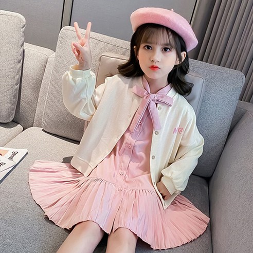 앤젤아이 여아용 가디건 + 주름 원피스 세트