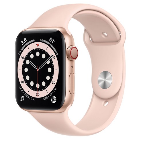 Apple 2020년 애플워치 6 GPS + 셀룰러 44mm 레귤러, 44mm, GPS + Cellular, 골드 알루미늄 케이스, 핑크 샌드 스포츠 밴드