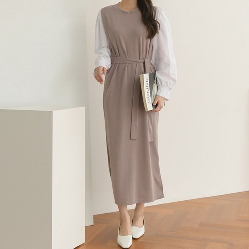 보리맘 배색 벨트 임산부 원피스 R339