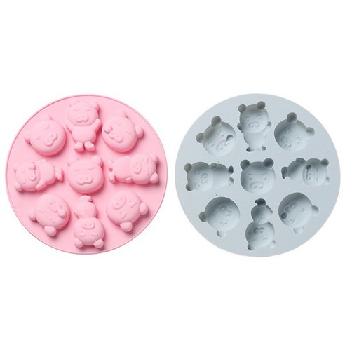 곰돌이 표정 원형 실리콘 몰드 9구, 블루, 핑크, 1세트