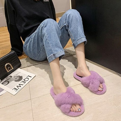 미토 여성용 토끼털 크로스 퍼 슬리퍼