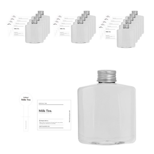 와이드 납작 페트 용기 250ml + 실버캡 + 클래식 밀크티 스티커 세트, 14세트