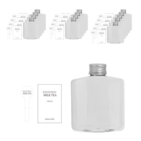 와이드 납작 페트 용기 250ml + 실버캡 + 영문 밀크티 스티커 S 세트, 14세트