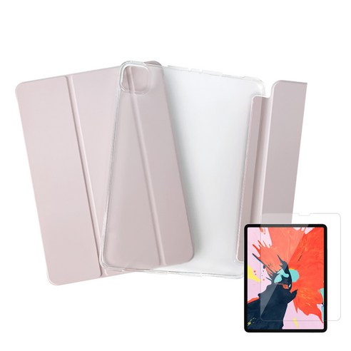 라이노 소프트 엣지 스마트커버 태블릿PC 케이스 + 강화유리 액정보호필름, 핑크 샌드