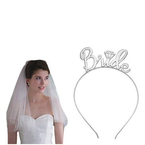 올리브파티 브라이덜 샤워 웨딩 베일 + Bride 머리띠, 실버(머리띠), 화이트(베일), 1세트