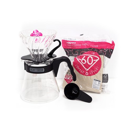 하리오 V60 블랙 VCS 유리 핸드드립 세트 3~4인, 브라운(여과지), 1세트