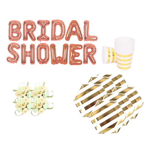브라이덜샤워 소품 패키지 BRIDAL SHOWER 풍선 로즈+ 꽃팔찌 미니로즈 피치 4p + 테이블웨어 마블, 혼합색상, 1세트