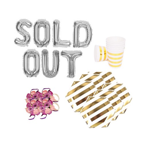 브라이덜샤워 소품 패키지 SOLD OUT 풍선 실버 + 꽃팔찌 미니로즈 퍼플 4p + 테이블웨어 마블, 혼합색상, 1세트