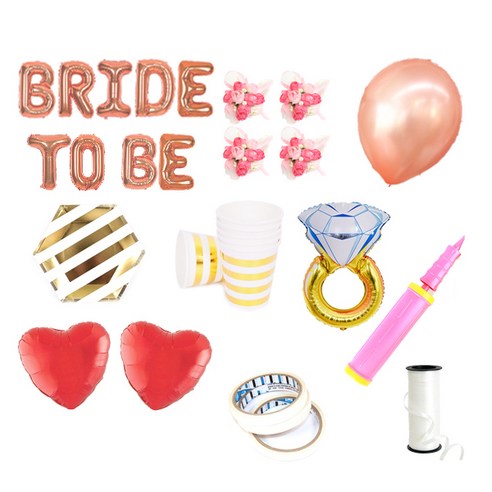 브라이덜샤워 레터링 풍선 BRIDE TO BE 35cm 소품 + 테이블웨어 패키지, 로즈(레터링 풍선, 펄 풍선 세트), 핑크(꽃팔찌), 마블(테이블웨어), 1세트