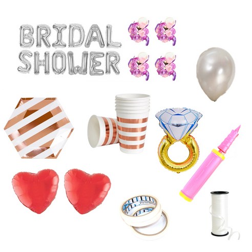 브라이덜샤워 레터링 풍선 BRIDAL SHOWER 35cm 소품 + 테이블웨어 패키지, 실버(레터링 풍선, 펄 풍선 세트), 퍼플(꽃팔찌), 로즈골드(테이블웨어), 1세트