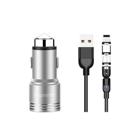 코끼리리빙 3in1 마그네틱 고속충전 케이블 2m + 듀얼포트 차량용 USB 3.0 시거잭 충전기 세트, 블랙(케이블), 실버(충전기), PYA-1312(케이블), SP-700(충전기)