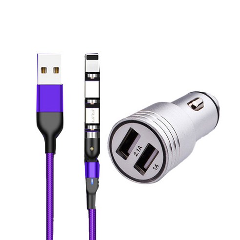 코끼리리빙 3in1 마그네틱 고속충전 케이블 1m + 듀얼포트 차량용 USB 3.0 시거잭 충전기 세트, 바이올렛(케이블), 실버(충전기), PYA-1312(케이블), SP-700(충전기)