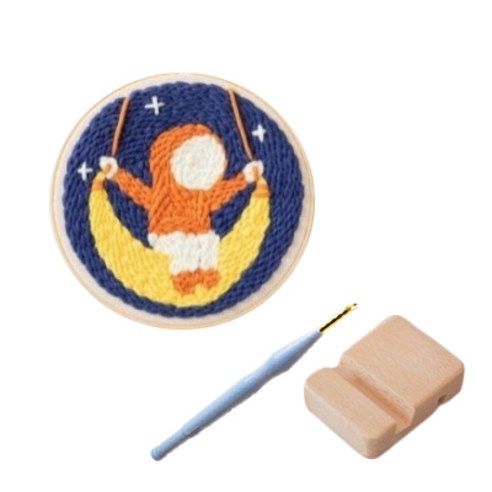 펀치니들 프랑스 자수 DIY 만들기 + 4단계 조절 펀치니들 + 우드거치대 세트, 1세트, 76. 초등달 그네, 랜덤발송(펀치니들)