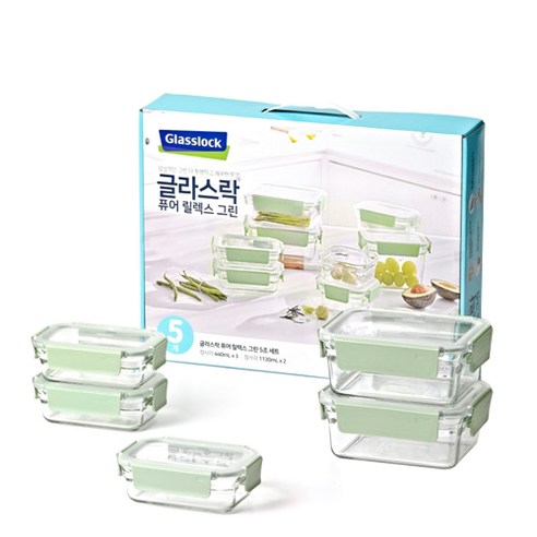 글라스락 퓨어 릴렉스 그린 직사각 밀폐용기 세트, 1세트, 밀페용기395mlx3p+1020mlx2p