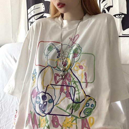 비비에모 여성용 데일리 루즈핏 라운드넥 낙서 프린팅 귀여운 반팔 티셔츠 00200
