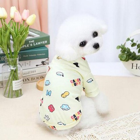 강아지 고양이 라이트옐로우 프린팅 티셔츠, 캔디퍼피