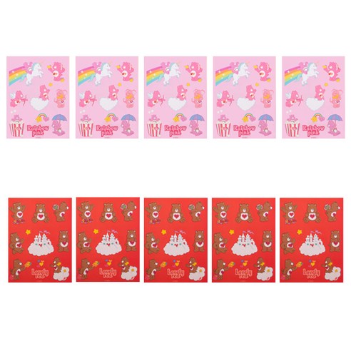 케어베어 리무버 스티커 2종 x 5p, 레인보우 핑크, 러블리 레드, 1세트