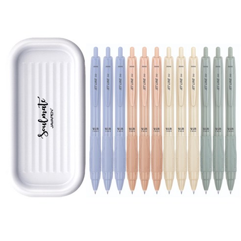 자바펜 제트라인 비즈 빈티지 볼펜 0.5mm 4종 x 3p + 소울메이트 펜트레이 세트, 블루, 올리브, 피치, 옐로우(볼펜), 화이트(펜트레이), 1세트