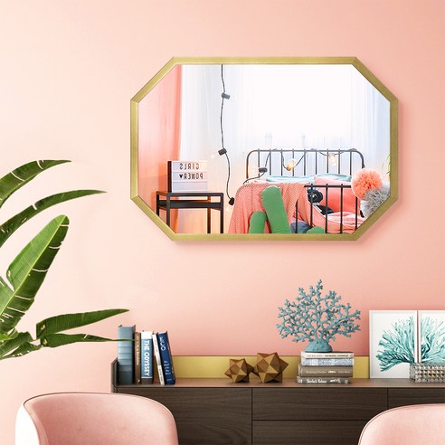 위미러 아뜰리에 골드 인테리어 벽걸이 팔각거울 가로형 중형, 혼합색상