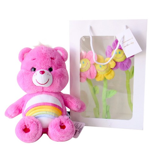 모리앤 케어베어 중형인형 + 스마일꽃 3p + 기프트 쇼핑백, 케어베어 핑크(인형), 36cm