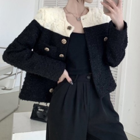 비비에모 여성용 플라워숄더 노카라 스타일 재킷 00616