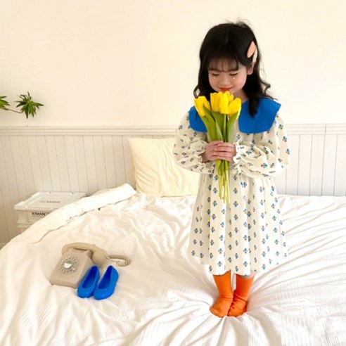 미소파파 여아용 이나 블루카라 패턴 원피스