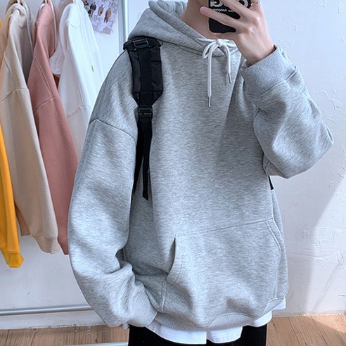 남성용 컬러풀 무지 오버핏 주머니 심플 단색 후드티