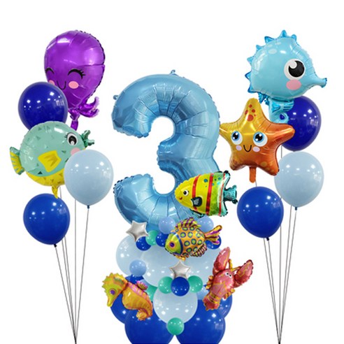 이자벨홈 바다생물 생일파티 + 숫자 3 세트, 블루, 1세트