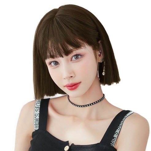 하이유니 보브컷 스트레이트 펌 헤어 단발 통가발 가발 29cm + 가발망 + 거치대 세트, 쿨브라운(가발), 1세트