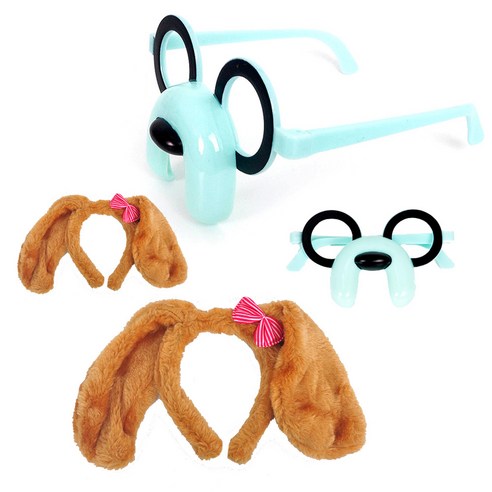 파티쇼 강아지 파티 머리띠 + 안경 세트, 브라운(머리띠), 블루(안경), 2세트