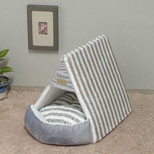 두기펫 반려동물 쏘옥 극세사 삼각 하우스, 스트라이프 그레이