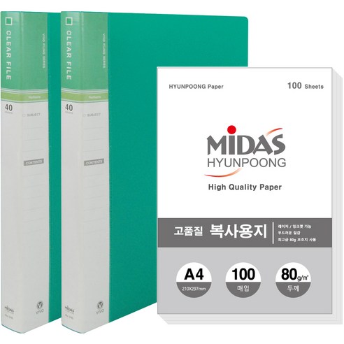 현풍 40매 비보 클리어화일 인덱스 A4 2p + 복사지 100p 세트, 녹색, 1세트