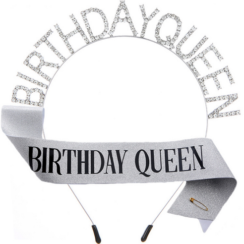 바이핏 파티용품 birthday queen 머리띠 + 어깨끈 세트, 실버, 1세트