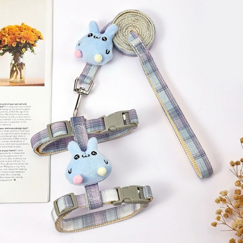 파스텔펫 반려동물 체크 폼폼 래빗 하네스 세트, 블루
