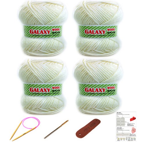 행복뜨기 갤럭시울 털 뜨개실 4볼 + 대바늘 6mm + 돗바늘 + 가죽라벨 + 목도리도안 세트, 2901 아이보리, 1세트