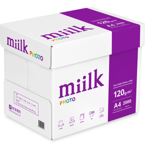 프린터  miilk 한국제지 밀크포토 복사용지 컬러프린터전용지 120g A4 210 x 297 mm, 2000매입