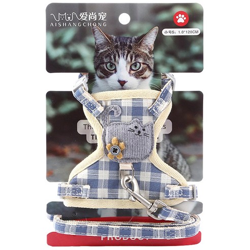 랜보어 반려동물 플라워 냥 체크 하네스세트, 블루, 1개