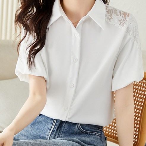 페이퍼먼츠 여성용 심플 카라넥 플라워 시스루 레이스 셔츠 04850