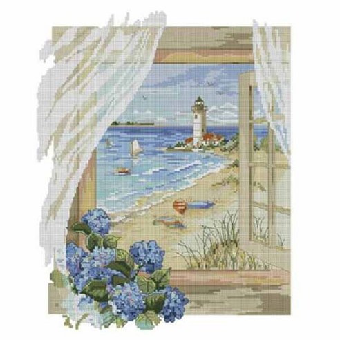 홈데코 sea view 도안 + 원단 + 실 + 바늘 2p 십자수 패키지 세트 - 패브릭소품 | 쿠팡